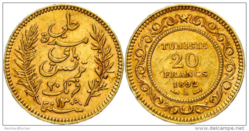 20 Francs, Gold, 1892, Unter Franz&ouml;sischem Protektorat, Ali Bey, Mzz A Paris, Fb. 12, Vz.  Vz20 Franc,... - Tunesien