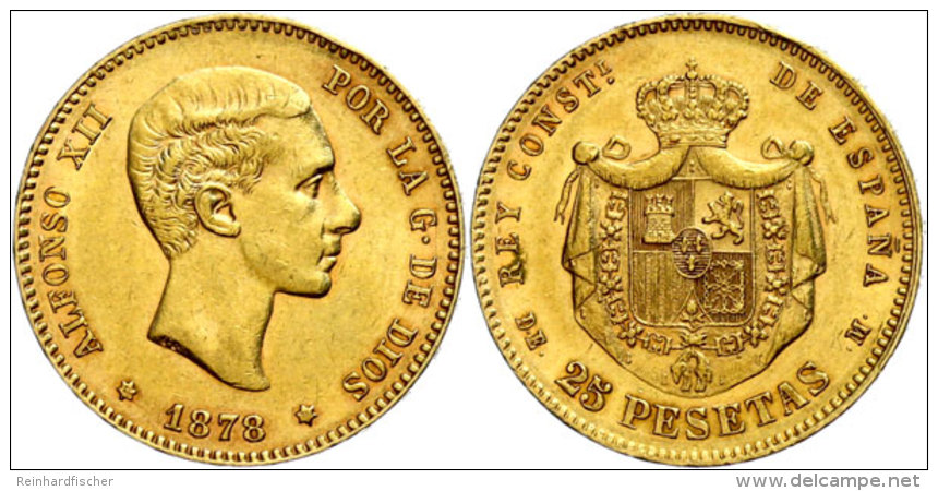 25 Pesetas, Gold, 1878, Alfonso XII., Mzz D.E. M Madrid, Fb. 342, Ss-vz.  Ss-vz25 Pesetas, Gold, 1878, Alfonso... - Sonstige & Ohne Zuordnung