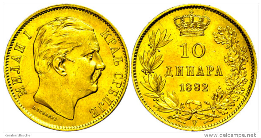 10 Dinara, Gold, 1882, Milan I., Fb. 5, F. Vz.  10 Dinara, Gold, 1882, Kite I., Fb. 5, F. Extremley Fine - Serbia