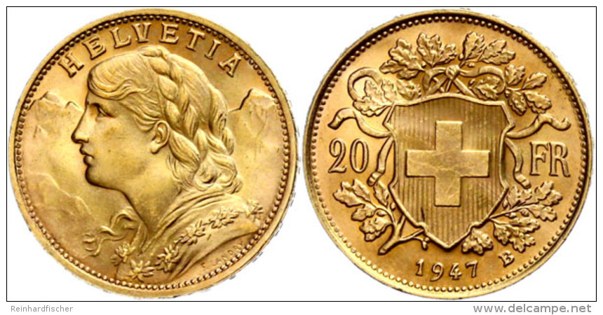 20 Franken, 1947, Gold, Vreneli, Vz-st  Vz-st20 Franc, 1947, Gold, Vreneli, Extremly Fine To Uncirculated ... - Other & Unclassified