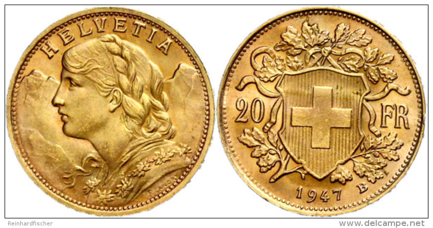 20 Franken, 1947, Gold, Vreneli, St  St20 Franc, 1947, Gold, Vreneli, St  St - Other & Unclassified