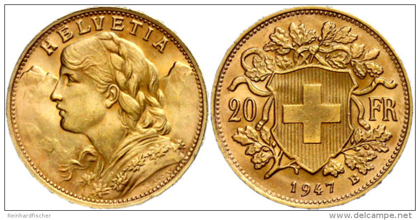 20 Franken, 1947, Gold, Vreneli, St  St20 Franc, 1947, Gold, Vreneli, St  St - Other & Unclassified