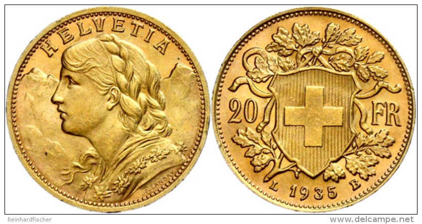 20 Franken, 1935, Gold, Vreneli, St  St20 Franc, 1935, Gold, Vreneli, St  St - Sonstige & Ohne Zuordnung