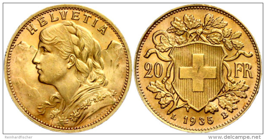 20 Franken, 1935, Gold, Vreneli, St  St20 Franc, 1935, Gold, Vreneli, St  St - Sonstige & Ohne Zuordnung