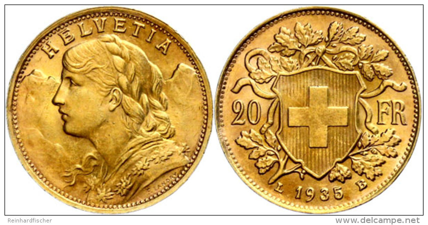 20 Franken, 1935, Gold, Vreneli, St  St20 Franc, 1935, Gold, Vreneli, St  St - Other & Unclassified