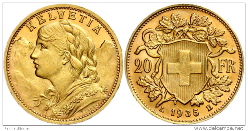 20 Franken, 1935, Gold, Vreneli, Rs. Kl. Kratzer, Vz-.st  Vz-st20 Franc, 1935, Gold, Vreneli, At Back. Small... - Sonstige & Ohne Zuordnung