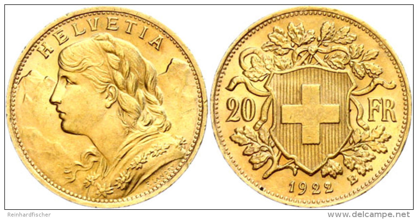 20 Franken, 1922, Gold, Vreneli, St  St20 Franc, 1922, Gold, Vreneli, St  St - Other & Unclassified