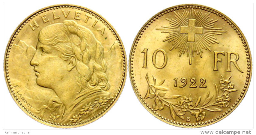10 Franken, 1922, Gold, Vreneli, Vz  Vz10 Franc, 1922, Gold, Vreneli, Extremly Fine  Vz - Other & Unclassified