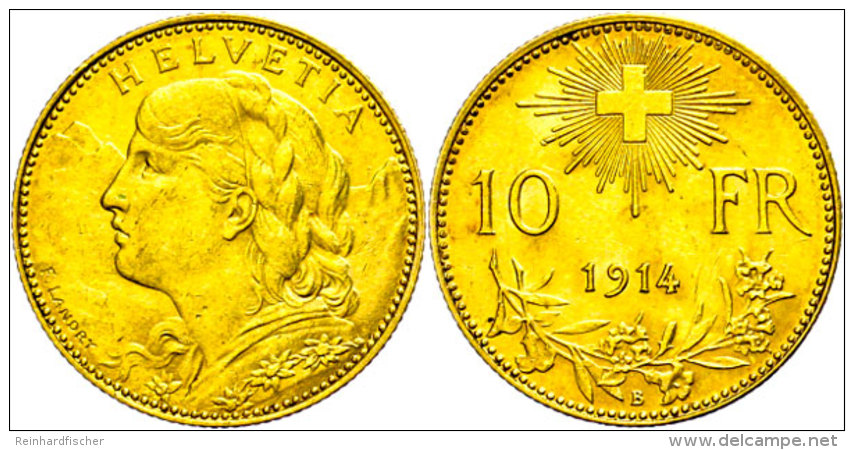 10 Franken, Gold, 1914, Fb. 10, Vz.  Vz10 Franc, Gold, 1914, Fb. 10, Extremley Fine  Vz - Other & Unclassified