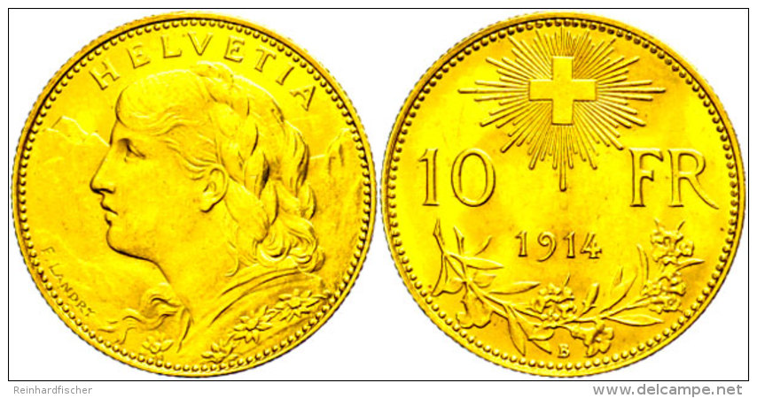 10 Franken, Gold, 1914, Fb. 10, Vz-st.  Vz-st10 Franc, Gold, 1914, Fb. 10, Extremly Fine To Uncirculated. ... - Other & Unclassified