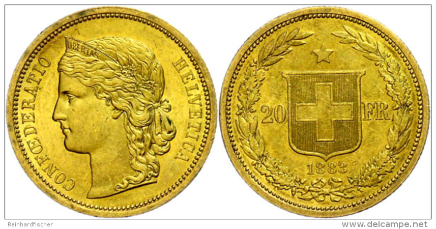 20 Franken, Gold, 1883, Helvetia, Fb. 495, HMZ 2-1194 A, Vz.  Vz20 Franc, Gold, 1883, Helvetia, Fb. 495, HMZ... - Other & Unclassified