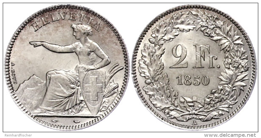 2 Franken, 1850, "Sitzende Helvetia", A, Vz.-st. In Dieser Erhaltung Seltenes St&uuml;ck.  Vz-st2 Franc, 1850,... - Sonstige & Ohne Zuordnung