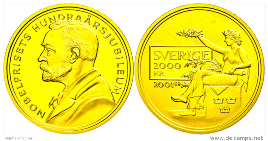 2000 Kronen, Gold, 2001, 100 Jahre Nobelpreis, 10,81g Fein, KM 901, Mit Zertifikat In Ausgabeschatulle, St. ... - Schweden