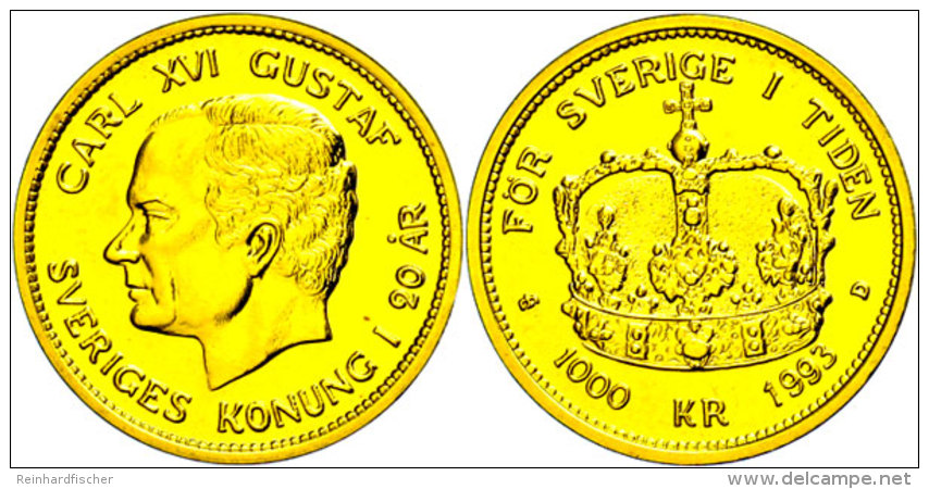 1000 Kronen, Gold, 1993, 20 Jahre Thronbesteigung, Ca. 5,22g Fein, KM 883, Im Blister, St.  St1000 Coronas,... - Schweden