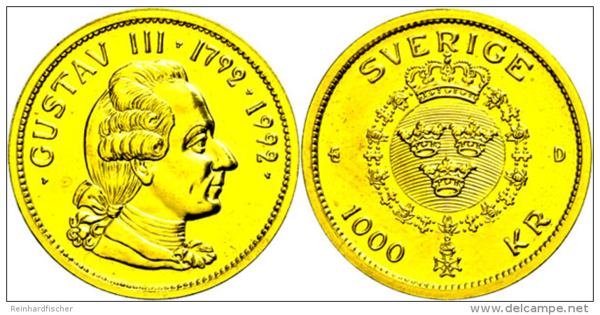 1000 Kronen, Gold, 1992, 200 Todestag K&ouml;nig Gustaf III., Ca. 5,22g Fein, KM 880, Im Blister, St.  St1000... - Schweden