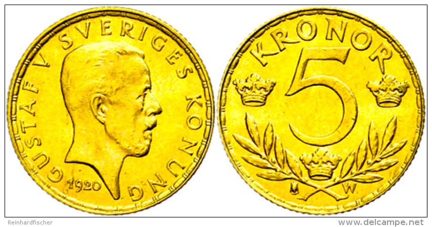 5 Kronen, Gold, Gustav V., Fb. 97, Vz.  Vz5 Coronas, Gold, Gustav V., Fb. 97, Extremley Fine  Vz - Schweden