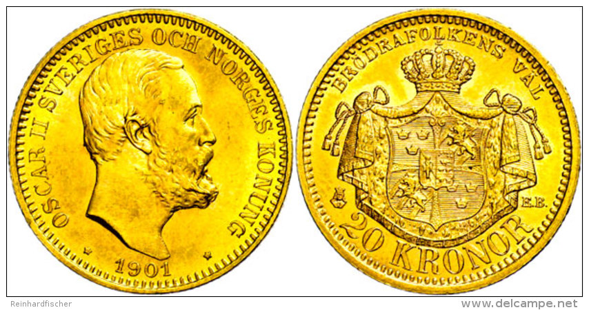 20 Kronen, Gold, 1901, Oskar II., Stockholm, Fb. 93 B, Vz-st.  Vz-st20 Coronas, Gold, 1901, Oskar II.,... - Schweden