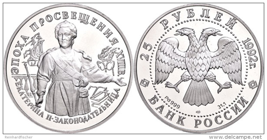 25 Rubel, Palladium, 1992, Katharina Die Gro&szlig;e, Parchimowicz 1401, In Kapsel, Mit Zertifikat, PP.  PP25... - Russia