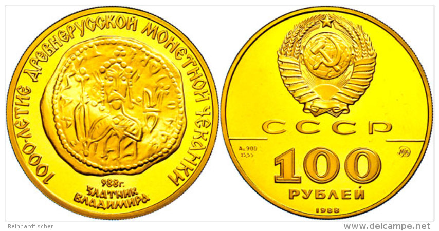 100 Rubel, Gold, 1988, Goldm&uuml;nze Des Gro&szlig;f&uuml;rsten Wladimir, Parchimowicz 270, Mit Zertifikat In... - Russland