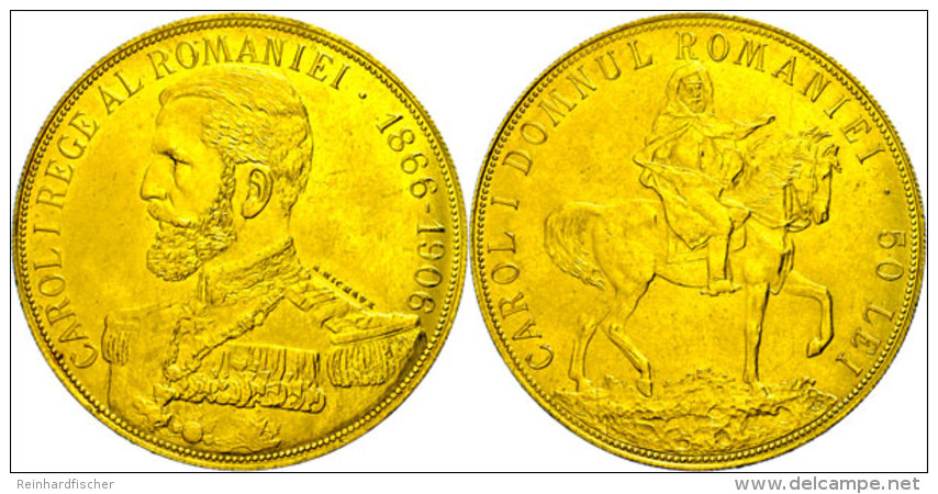 50 Lei, Gold, 1906, Karl I., 40J&auml;hriges Regierungsjubil&auml;um, Fb. 6, Kl. Kratzer, Vz.  Vz50 Lei, Gold,... - Romania