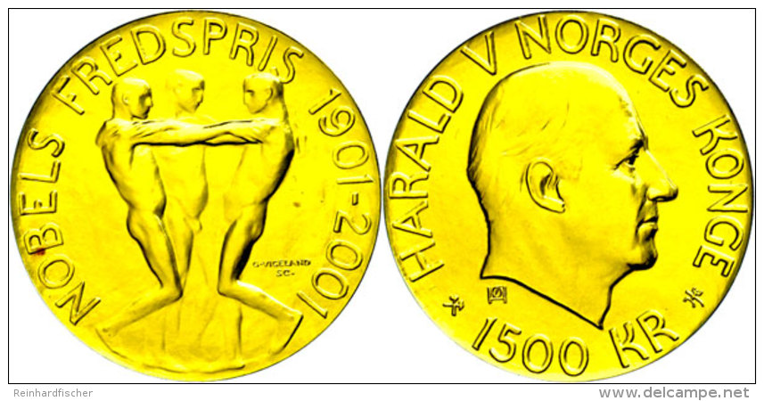 1500 Kronen, Gold, 2001, 100 Jahre Friedensnobelpreis, 15,53g Fein, KM 470, In Ausgabeschatulle, St.  St1500... - Norway