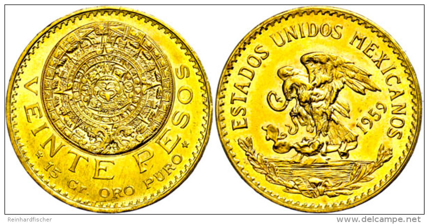 20 Pesos, Gold, 1959, Kalenderstein, Neupr&auml;gung, Unz.  Unz20 Peso, Gold, 1959, Kalenderstein, New Coinage,... - Mexiko