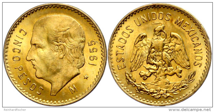 5 Pesos, 1955, Gold, Neupr&auml;gung, Unz  Unz5 Peso, 1955, Gold, New Coinage, Unz  Unz - Mexiko