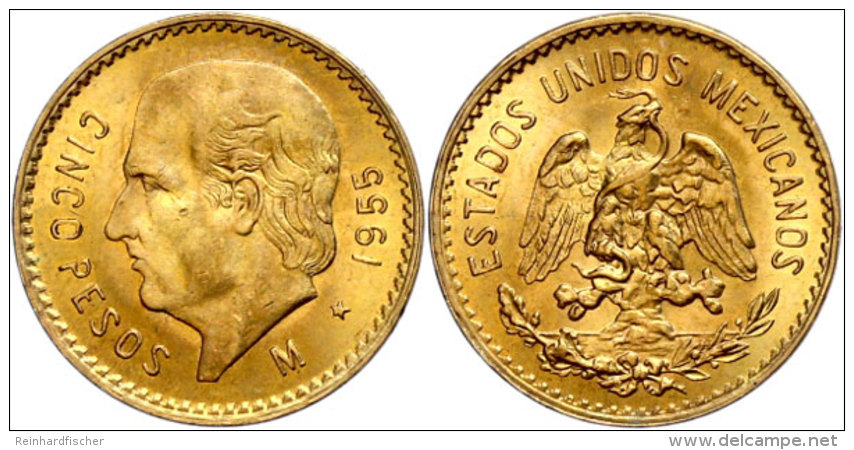 5 Pesos, 1955, Gold, Neupr&auml;gung, Unz  Unz5 Peso, 1955, Gold, New Coinage, Unz  Unz - Mexiko