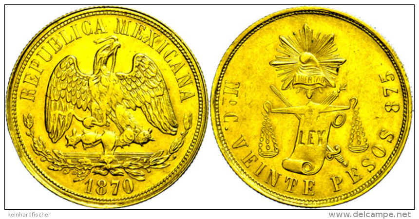 20 Pesos, Gold, 1870, Mo-C, Fb. 119, Randschlag, Ss-vz.  Ss-vz20 Peso, Gold, 1870, Mo-C, Fb. 119, Edge Bump,... - Mexico