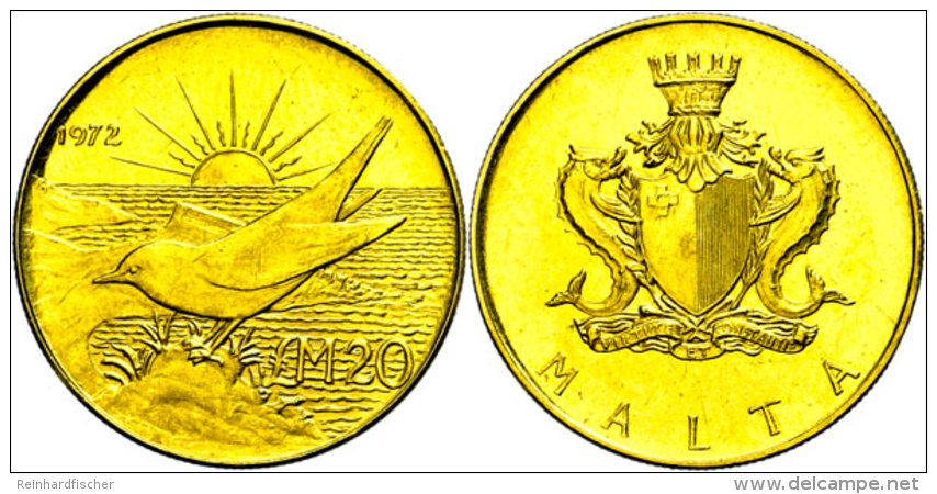 20 Pounds, Gold, 1972, Blaumerle Vor Aufgehender Sonne, 916er Gold, 12 G, Fb. 49, KM 17, Vz Aus PP.  VzausPP20... - Malta