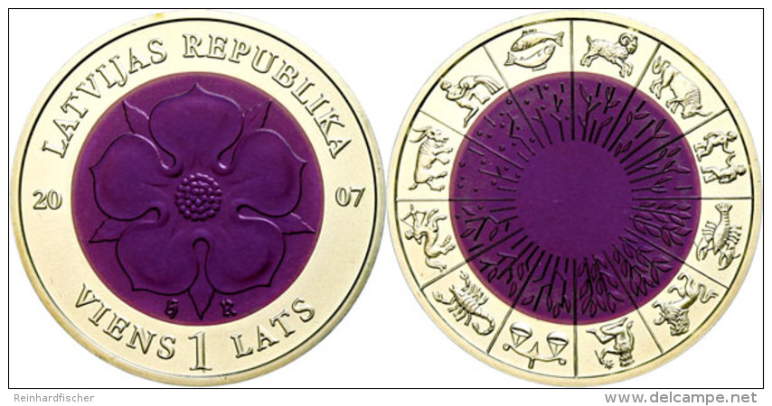 1 Lats, 2007, Heraldische Rose (violett Oxidiert), KM 90, Sch&ouml;n 90, Im Etui Mit Kapsel Und Zertifikat, Auflage... - Lettland