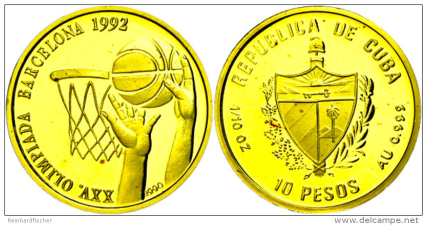 10 Pesos, Gold, 1992, Olympiade Barcelona-Basketball, In Kapsel, PP.  PP10 Peso, Gold, 1992, Olympic Games... - Kuba