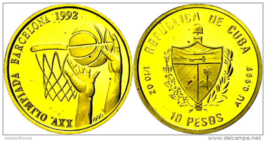 10 Pesos, Gold, 1990 (gepr&auml;gt 1992), XXV. Olympische Sommerspiele 1992 In Barcelona, Rs.: Korbwurf Beim... - Kuba