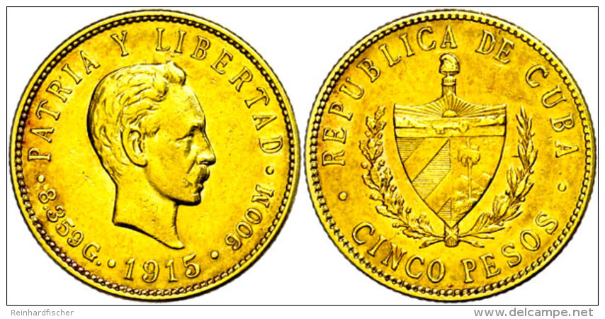 5 Pesos, Gold, 1915, Fb. 4, Ss.  Ss5 Peso, Gold, 1915, Fb. 4, Very Fine.  Ss - Cuba