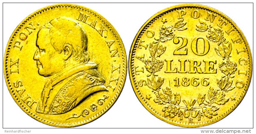 20 Lire, Gold, 1866, Pius IX., Mzz R Rom, Kirchenstaat Vatikan, Fb. 280, Schl. 152, Ss.  Ss20 Liras, Gold,... - Sonstige & Ohne Zuordnung