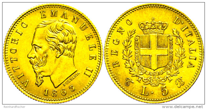 5 Lire, Gold, 1863, Vittorio Emanuelle II., Fb. 16, Vz.  Vz5 Liras, Gold, 1863, Vittorio Emanuelle II., Fb. 16,... - Sonstige & Ohne Zuordnung