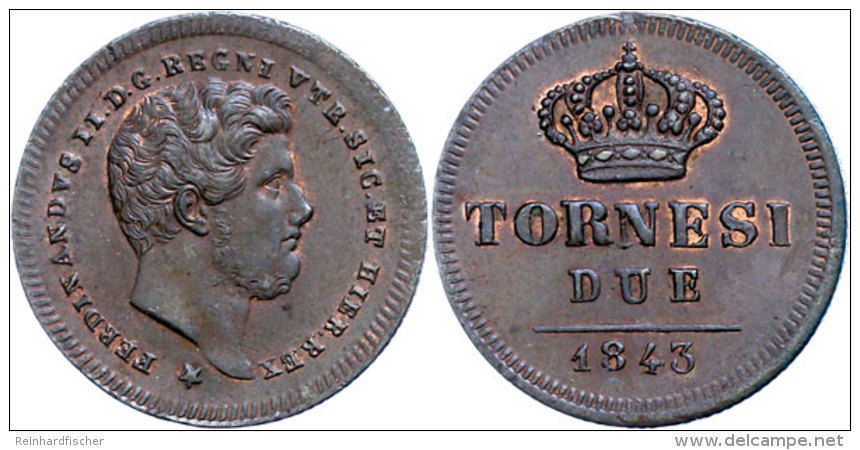 Neapel, 2 Tornesi, 1843, Ferdinand II., Schr&ouml;tlingsfehler Am Rand, Vz+.  Naples, 2 Tornesi, 1843,... - Sonstige & Ohne Zuordnung