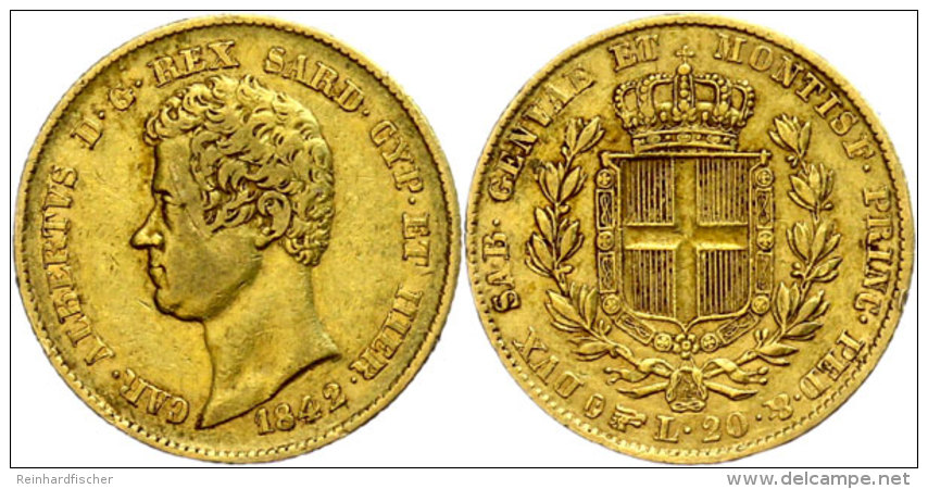 Sardinien, 20 Lire, Gold, 1842, Karl Albert, Turin, Fb. 1142, Ss.  SsSardinia, 20 Liras, Gold, 1842, Karl Fools... - Other & Unclassified