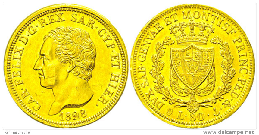 Sardinien, 80 Lire, Gold, 1828, Karl Felix, M&uuml;nzzeichen Anker, Fb 1133, Vz  VzSardinia, 80 Liras, Gold,... - Other & Unclassified