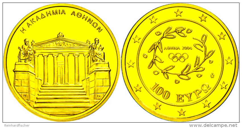 100 Euro, Gold, 2004, Akademie Von Athen, KM 207, Sch&ouml;n 160, Im Etui Mit OVP Und Zertifikat, 10g Fein, PP. ... - Greece