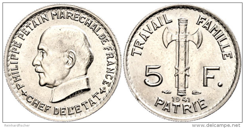 5 Francs, Kupfer/Nickel, 1941, Marschall Petain, Gadoury 764, Vz-st.  Vz-st5 Franc, Copper / Nickel, 1941,... - Other & Unclassified