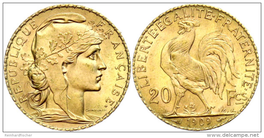 20 Francs, Gold, 1909, Typ Marianne, Fb. 596 A, Vz-st.  Vz-st20 Franc, Gold, 1909, Type Marianne, Fb. 596 A,... - Other & Unclassified