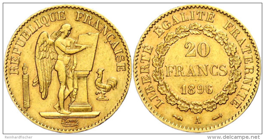 20 Francs, Gold, 1896, Typ Stehender Genius, Mzz A Paris, Fb. 592, Ss.  Ss20 Franc, Gold, 1896, Type Standing... - Sonstige & Ohne Zuordnung