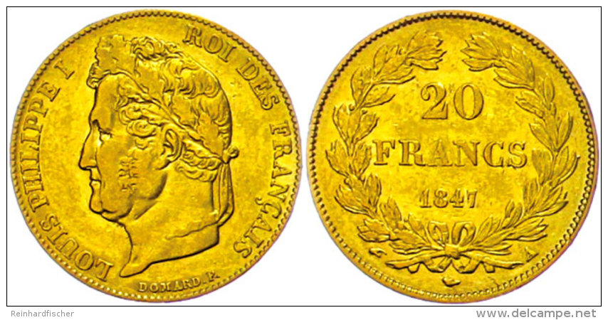 20 Francs, 1847 A (Paris), Gold, Louis Philippe I., Wz. Rf., Ss  Ss20 Franc, 1847 A (Paris), Gold, Louis... - Sonstige & Ohne Zuordnung