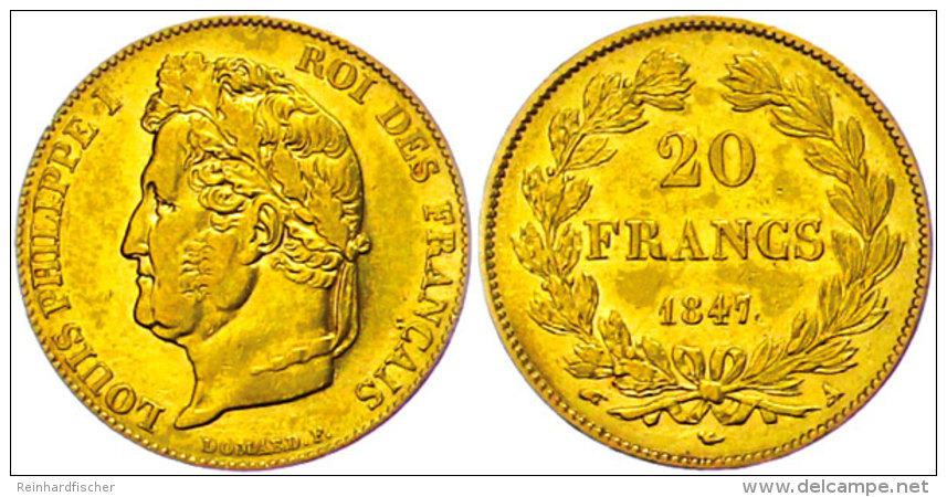 20 Francs, 1847 A (Paris), Gold, Louis Philippe I., Kl. Rf., Ss+.  20 Franc, 1847 A (Paris), Gold, Louis... - Sonstige & Ohne Zuordnung