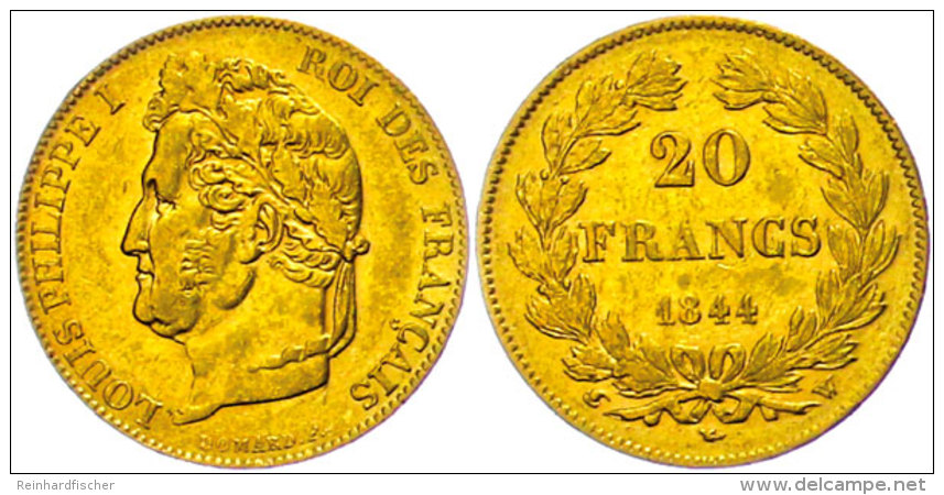 20 Francs, 1844 W (Lille), Gold, Louis Philippe I., Kl. Rf., Ss+.  20 Franc, 1844 W (Lille), Gold, Louis... - Sonstige & Ohne Zuordnung