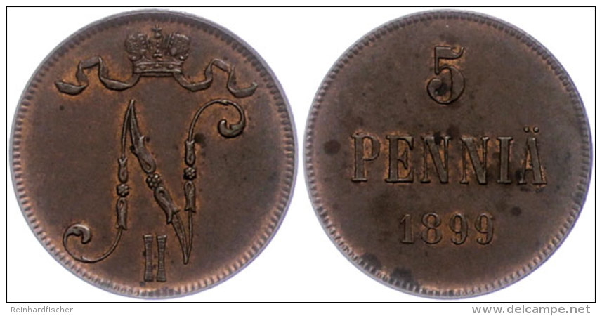 5 Penni&auml;, 1899, Nikolaus II., Bitkin 444, Vz.  Vz5 Penni&auml;, 1899, Nikolaus II., Bitkin 444, Extremley... - Finnland