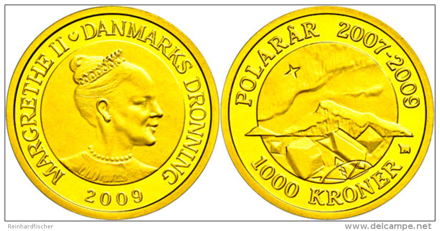 1000 Kronen, Gold, 2009, Nordlicht, Mineralien Und Magnetischer Nordpol, 7,78g Fein, KM 934, Mit Zertifikat In... - Dänemark