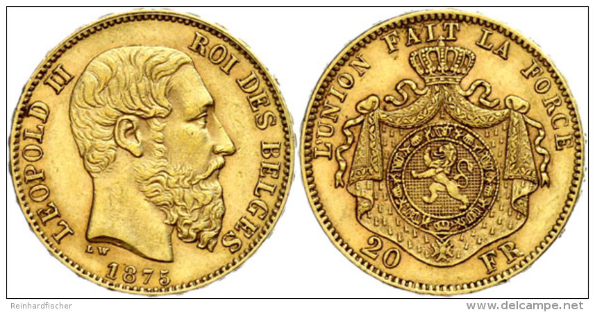 20 Francs, Gold, 1875, Leopold II., Fb. 412, Vz.  Vz20 Franc, Gold, 1875, Leopold II., Fb. 412, Extremley Fine ... - Other & Unclassified