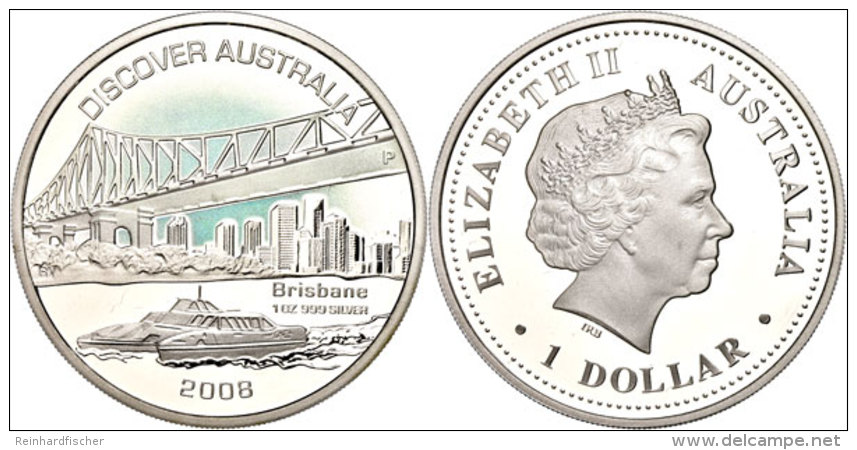 1 Dollar, 2008, Australien Entdecken - Brisbane (Tampondruck), KM 1183, Sch&ouml;n 1254, Im Etui Mit OVP Und... - Other & Unclassified